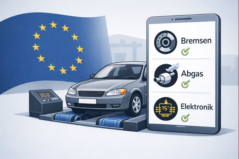 Fahrzeug auf Prüfstand mit Erläuterung Prüfpunkte TÜV 2026
